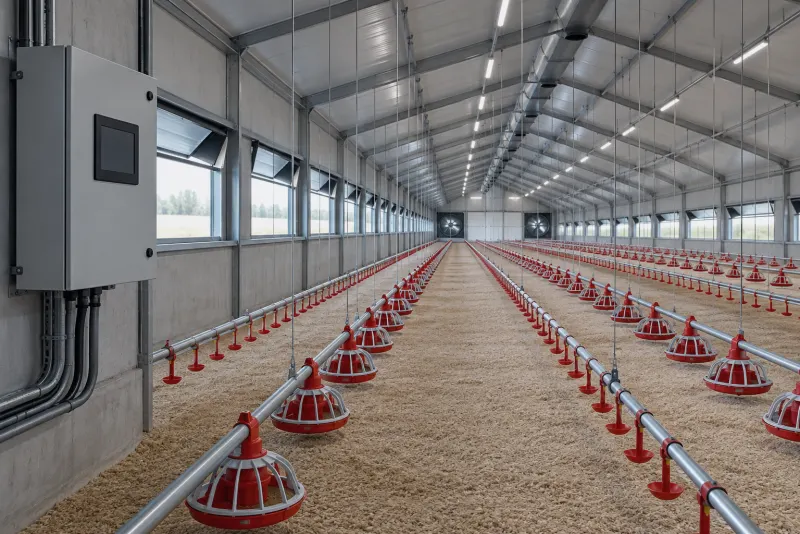 The inside of a poultry house, with rows of feeders and a control cabinet on the wall.